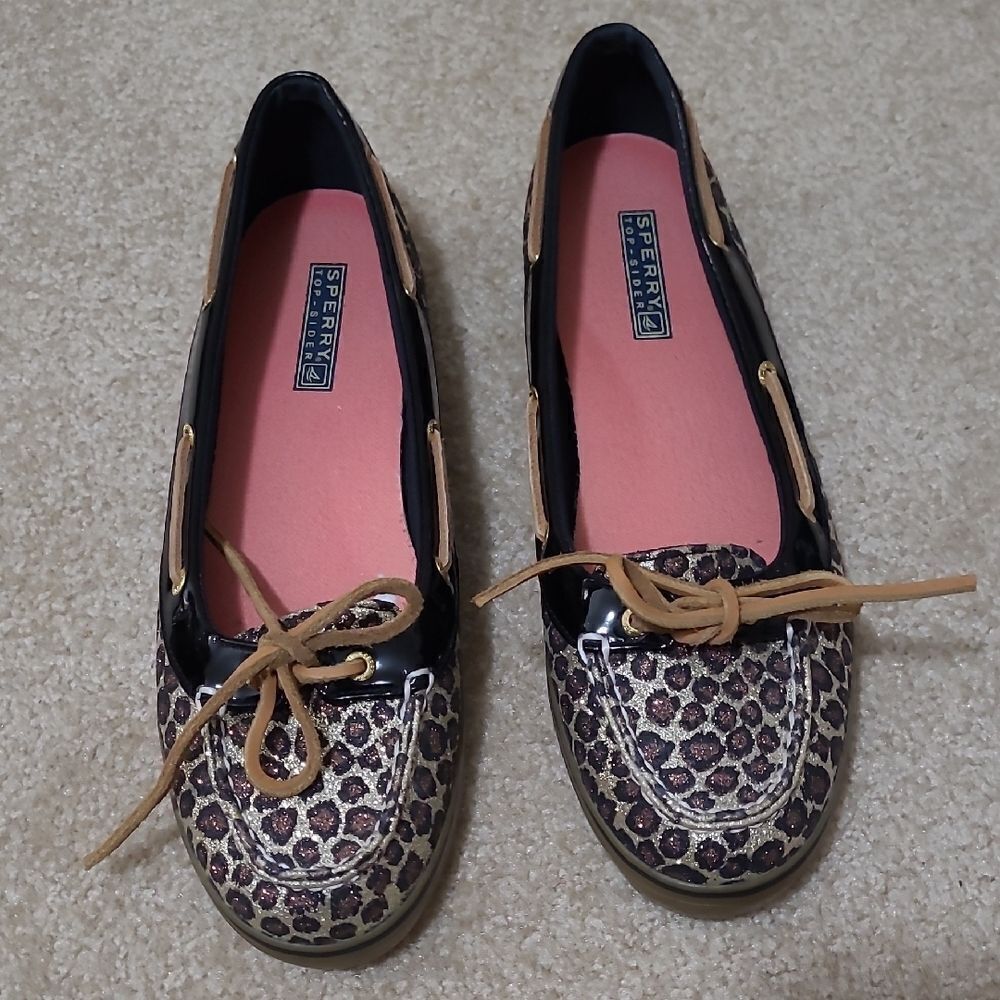 Sperry Women's Topsider Leopard Print Loafers - Black and Tan Sz 11M